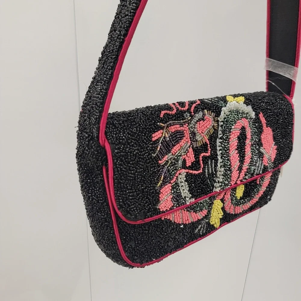 NWT Viral Tik Tok Snake Dragon Hand Beaded Black Shoulder Bag Made‎ In India